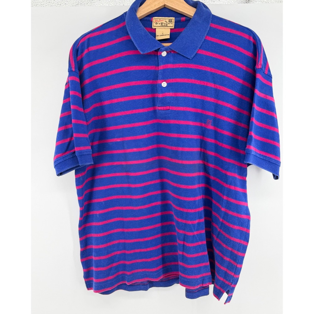 Vintage Knitwear by Givenchy Paris Mens Blue Pink Striped Polo Shirt Large 0911
